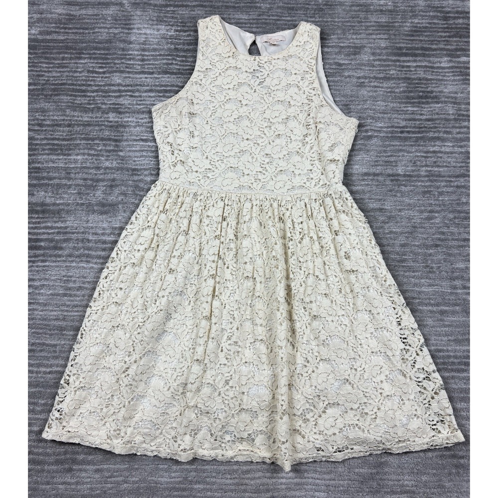 Monteau Dress Women Large Cream Floral Lace Fit & Flare Sleeveless Keyhole Back